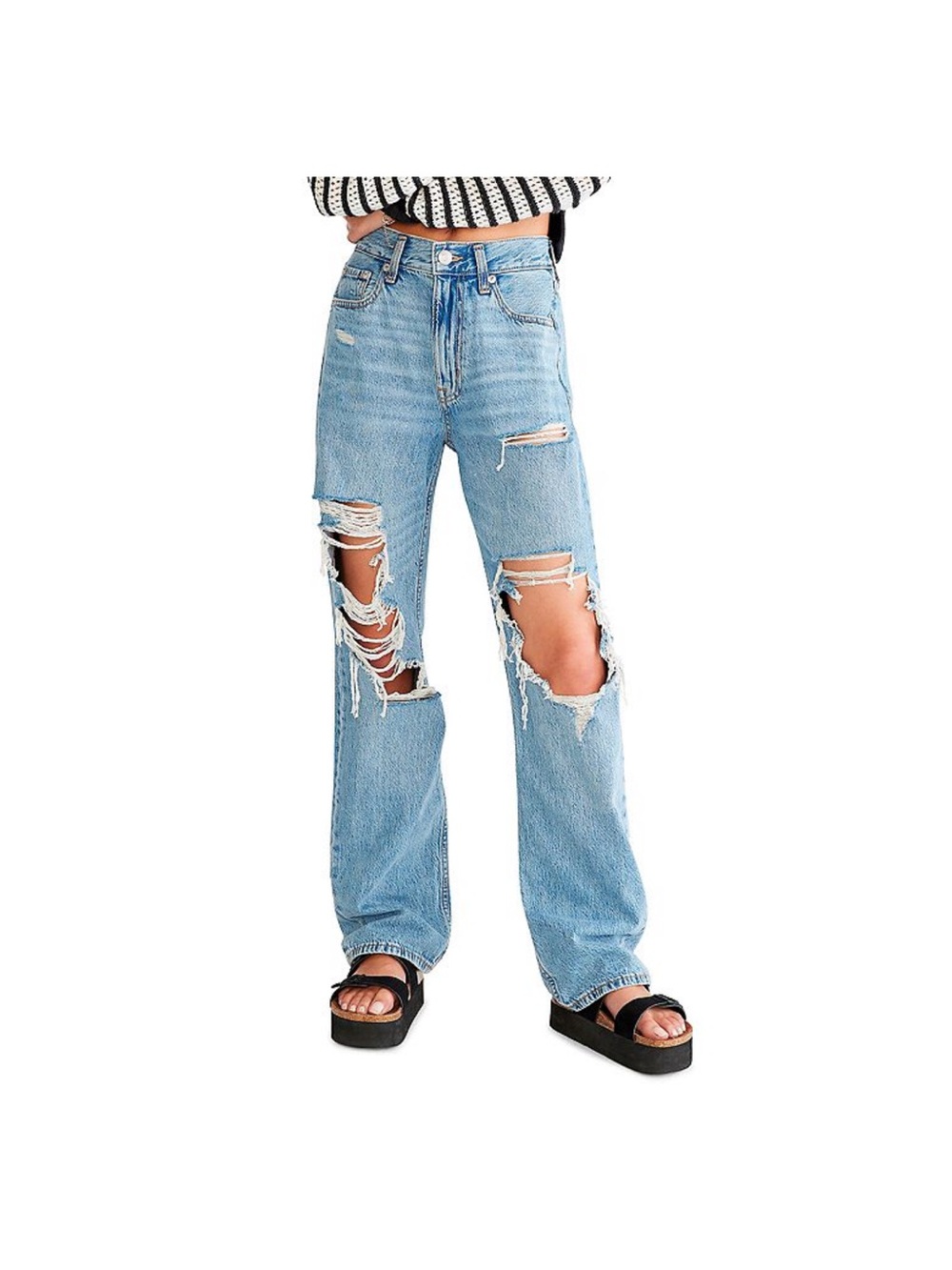 Light Blue Distressed High-Rise Straight Jeans